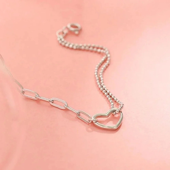 925 Sterling Silver Dainty Heart Bead Chain Link Bracelet - Picture 3 of 7